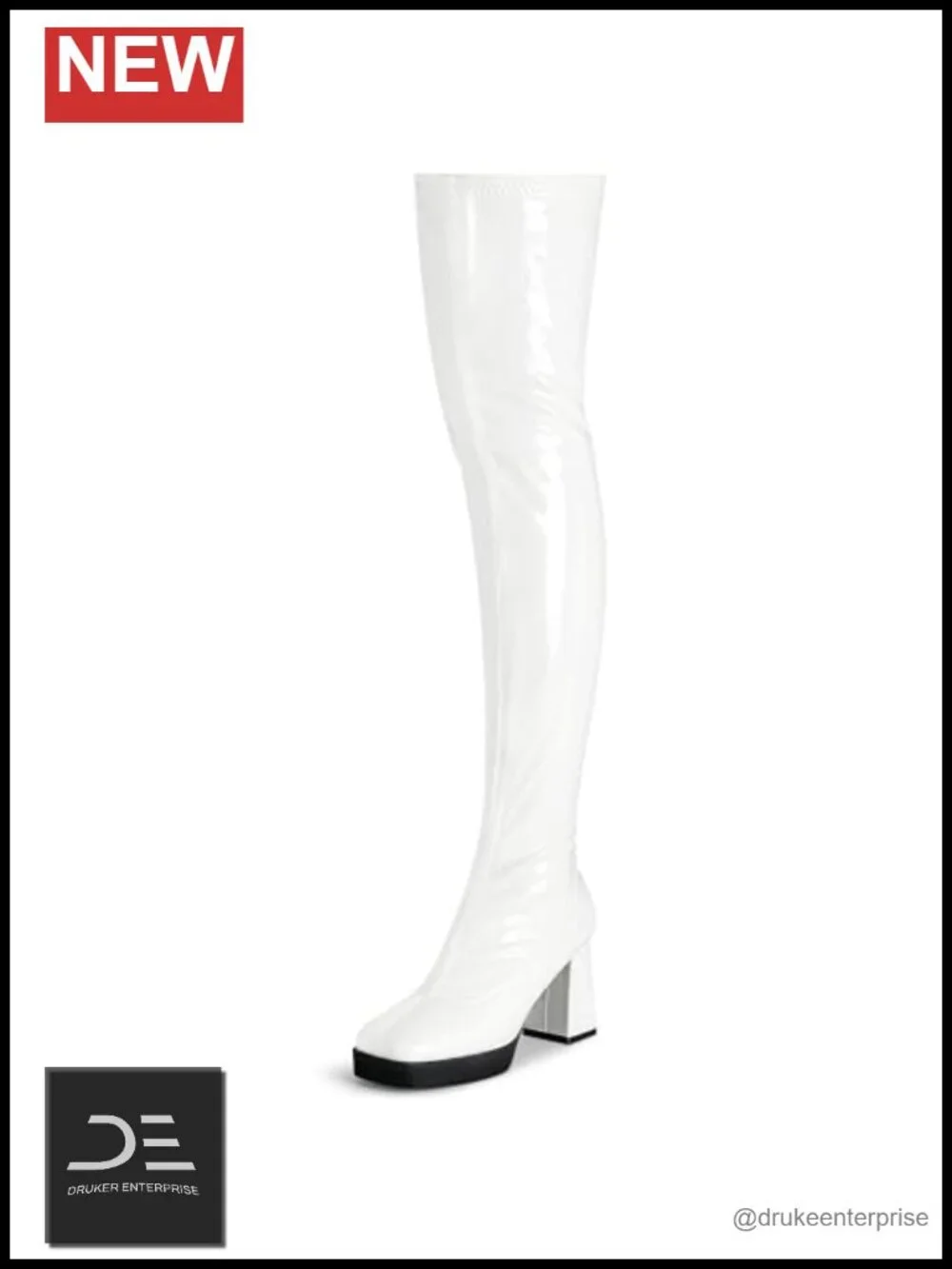 Platform Thigh High Boots Women Square Toe Chunky Heels Patent Leather PU Over